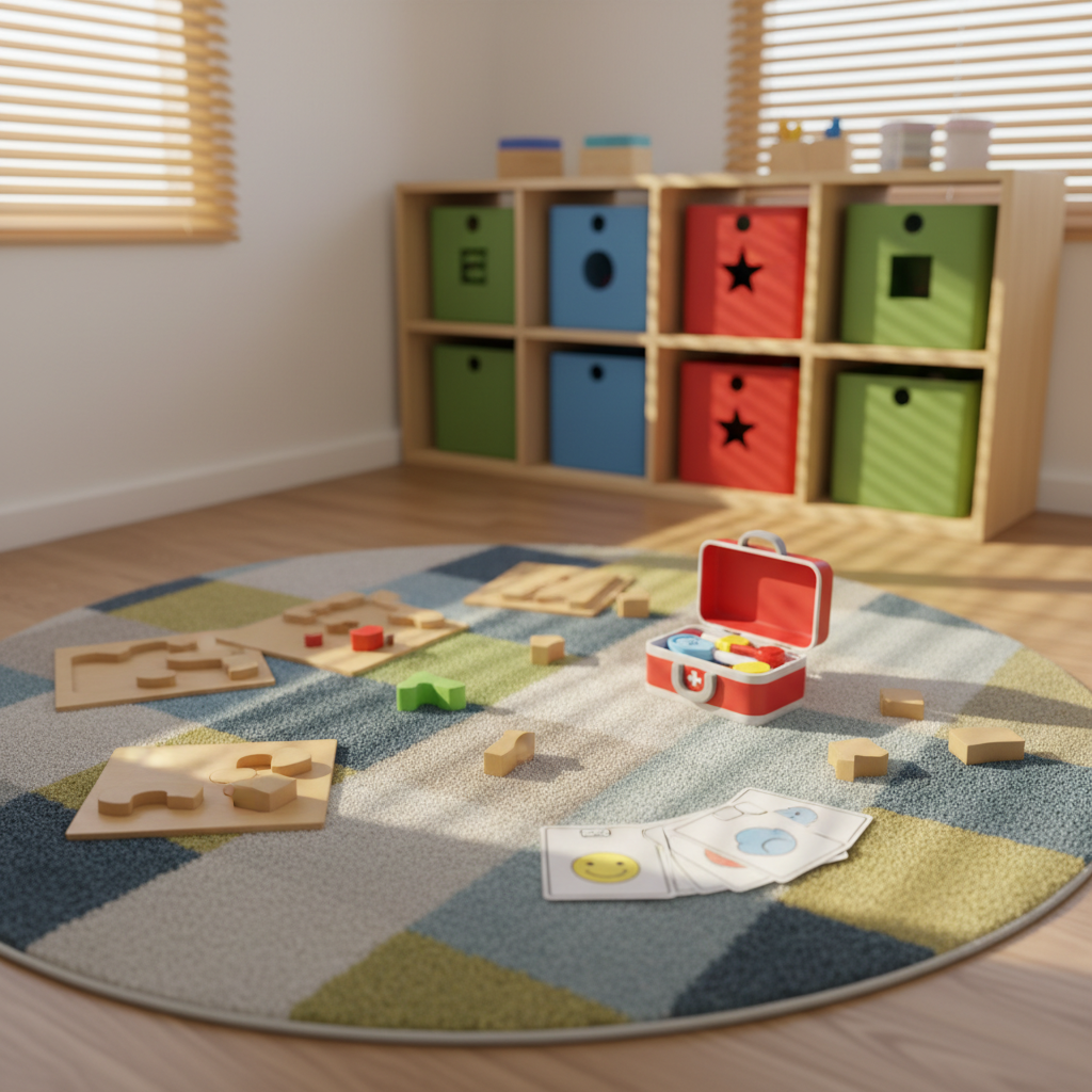 A cozy multi-purpose playroom is arranged to illustrate real-life caregiving scenarios: a low circular rug patterned with soft geometric shapes anchors the scene, surrounded by a mix of wooden puzzles, a toy doctor kit, and a set of laminated picture cards showing feelings through simple icons. In the background, open shelving holds labeled storage bins distinguished only by colors and symbols, suggesting organized routines for different ages. Late afternoon sunlight filters through blinds, forming gentle stripes of light and shadow across the rug and toys. Shot from a slightly elevated angle in photographic realism, the composition keeps the central rug sharply focused while the background shelves blur slightly, creating a welcoming, practical, and judgment-free atmosphere for learning.